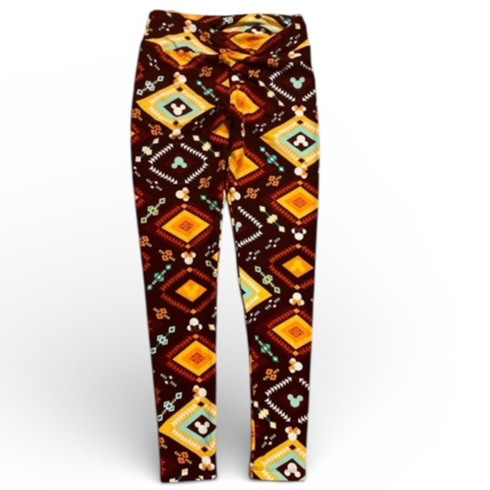 LuLaRoe Mickey Mouse Leggings with Colorful Aztec Desert Diamond Pattern